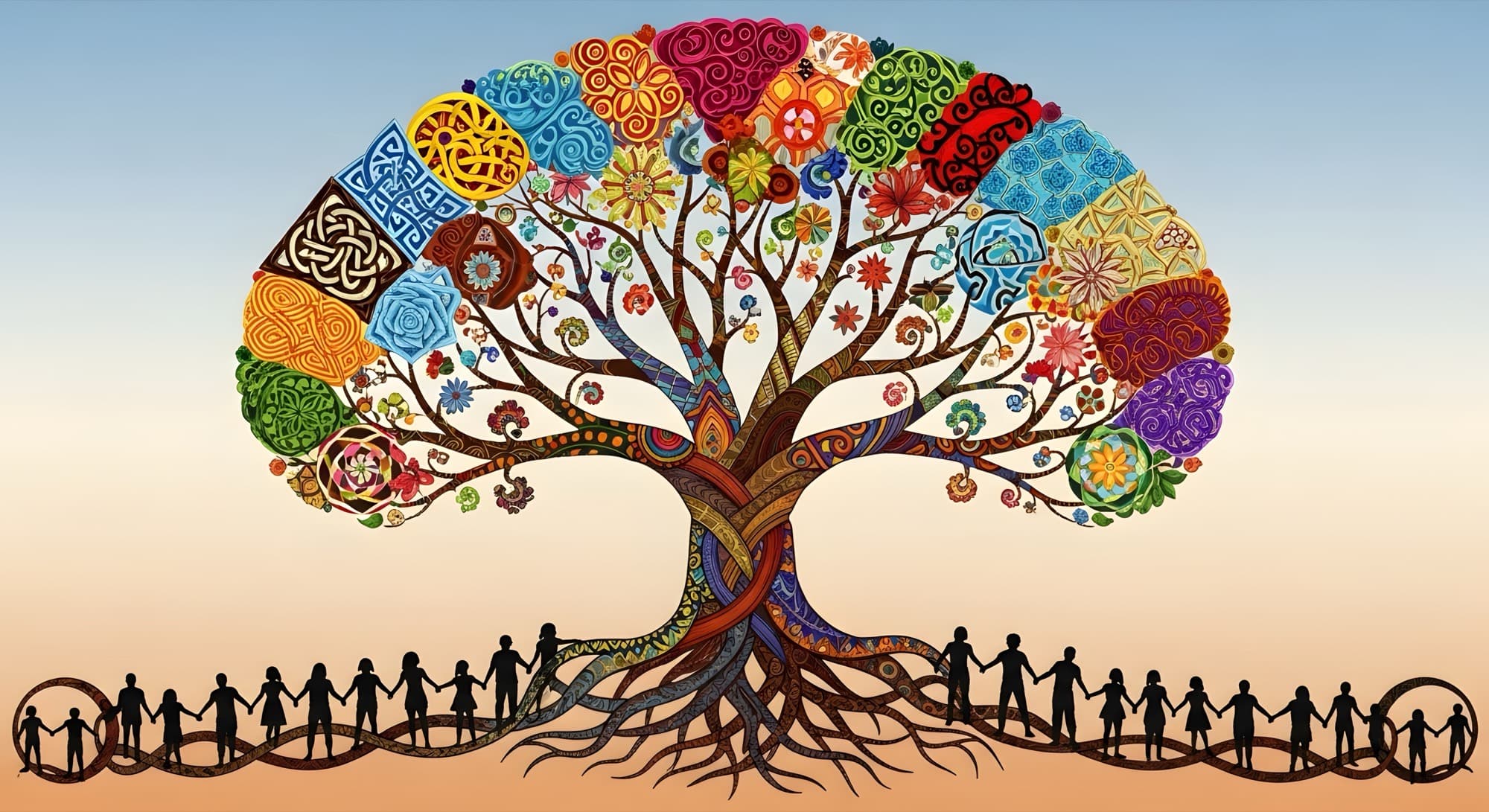 Árbol de la vida con una copa tejida de textiles multicolores de distintas culturas y raíces que se convierten en personas tomadas de la mano.